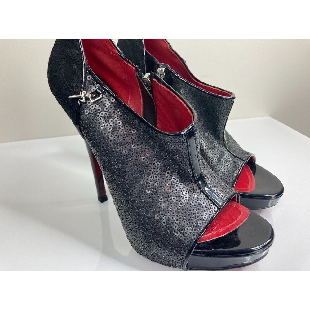 Cesare Paciotti Black and Red Sequin Peep-Toe High-Heel Booties